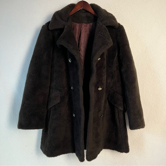 Vintage Faux Fur Montgomery Ward fuzzy lined button up coat black thick jacket - Picture 15 of 16